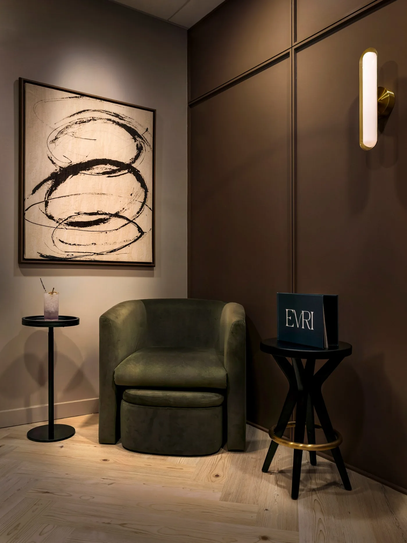 Lounge corner vignette with soft evening light