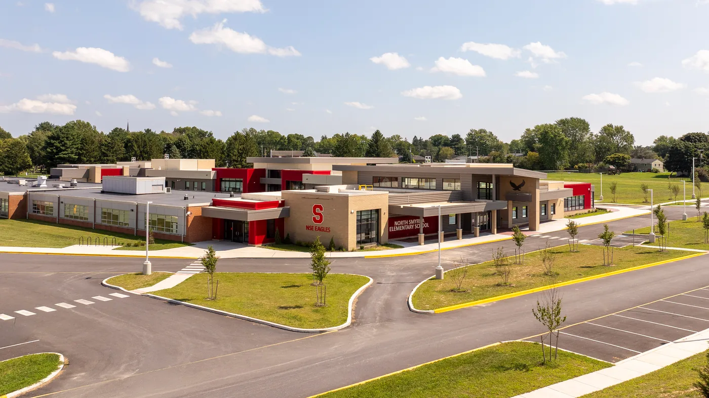 Elevated view of the school's main entrance and drop off loops